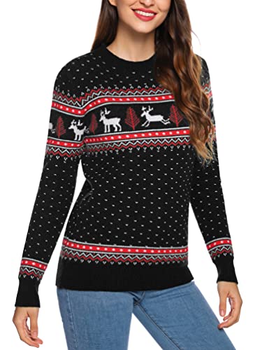 Totatuit Damen Strickpulli mit Reindeer Unisex Weichnachtspulli Baumwolle Weihnachten Pullover Schneeflocke Christmas Sweater mit Rundhalsausschnitt Schwarz-Damen L von Totatuit