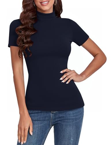 Totatuit Damen T-Shirt Kurzarm Gerippt Slim Fit Oberteile Elegant Basic Sommer Casual Stretch Rippshirt mit Stehkragen Rollkragenshirt Baumwolle Tops Dunkelblau XXL von Totatuit