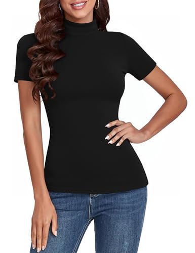 Totatuit Damen T-Shirt Kurzarm Gerippt Slim Fit Oberteile Elegant Basic Sommer Casual Stretch Rippshirt mit Stehkragen Rollkragenshirt Tops Schwarz XXL von Totatuit