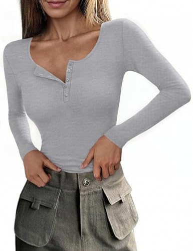 Totatuit Damen T Shirt Langarm Slim Fit Geripptes Oberteile O Ausschnitt Baumwolle Stretch Top Casual Elegant Langarmshirt Grau M von Totatuit