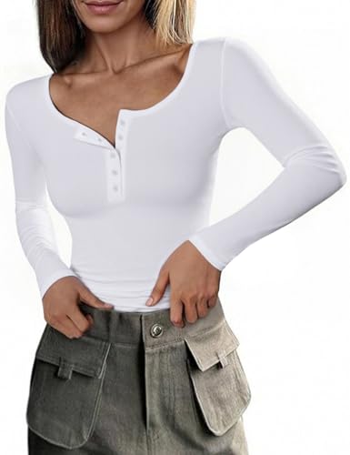 Totatuit Damen T Shirt Langarm Slim Fit Geripptes Oberteile O Ausschnitt Baumwolle Stretch Top Casual Elegant Langarmshirt Weiß M von Totatuit