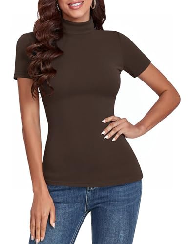 Totatuit Damen T-Shirt Sommer Basic Kurzarm Rollkragenshirt mit Stehkragen Casual Top Braun M von Totatuit