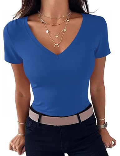 Totatuit Damen T-Shirt Sommer Kurzarm Tops Casual Basic Shirt Leichtes Oberteile Mit V-Ausschnitt Bluse Elegant Saphir L von Totatuit