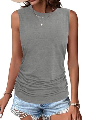 Totatuit Damen Tank Top Ärmellose Ruched Oberteile Baumwolle Rundhals Tops Stretch Oberteil Sommer Hellgrau M von Totatuit