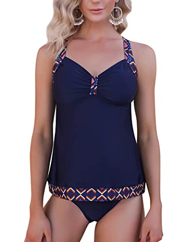 Totatuit Damen Tankini Zweiteiler Badeanzug Push Up Bauchweg Bikini Set mit Hot Pants Drucken Sommer Strandkleid Bademoden Blu Navy L von Totatuit