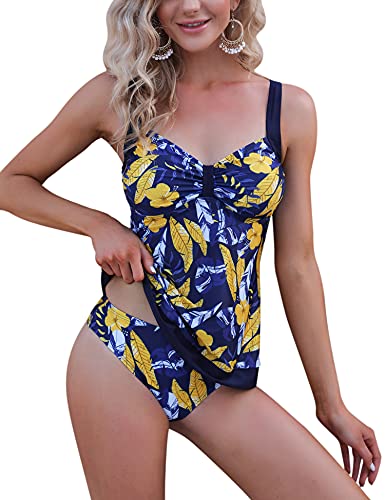 Totatuit Damen Tankini Zweiteiler Badeanzug Push Up Bauchweg Bikini Set mit Hot Pants Drucken Sommer Strandkleid Bademoden Style-1 L von Totatuit