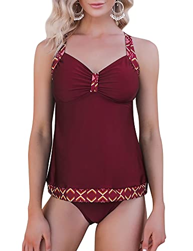 Totatuit Damen Tankini Zweiteiler Badeanzug Push Up Bauchweg Bikini Set mit Hot Pants Drucken Sommer Strandkleid Bademoden Weinrot M von Totatuit