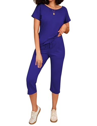 Totatuit Damen Trainingsanzüge Set mit Kurze ärmel Tops und 3/4 Hose Schulterfreier Elastischer Bund Dehnbarer Zweiteiliges Outfit Loungewear Saphir XXL von Totatuit