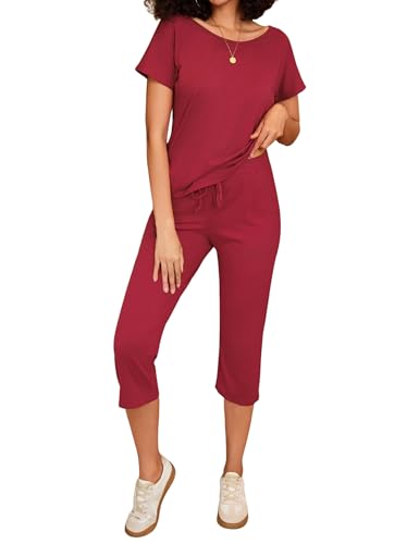 Totatuit Damen Trainingsanzüge Set mit Kurze ärmel Tops und 3/4 Hose Schulterfreier Elastischer Bund Dehnbarer Zweiteiliges Outfit Loungewear Weinrot XXL von Totatuit