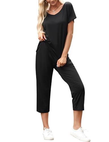 Totatuit Damen Trainingsanzüge Set mit Kurze ärmel Tops und 3/4 Hose Schulterfreier Elastischer Bund Dehnbarer Zweiteiliges Outfit Loungewear von Totatuit