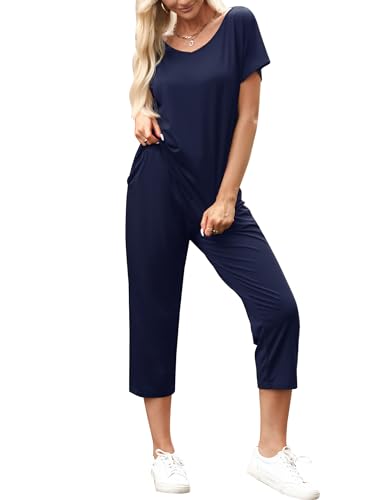 Totatuit Damen Trainingsanzüge Set mit Kurze ärmel Tops und 3/4 Hose Schulterfreier Elastischer Bund Dehnbarer Zweiteiliges Outfit Loungewear Navy blau M von Totatuit