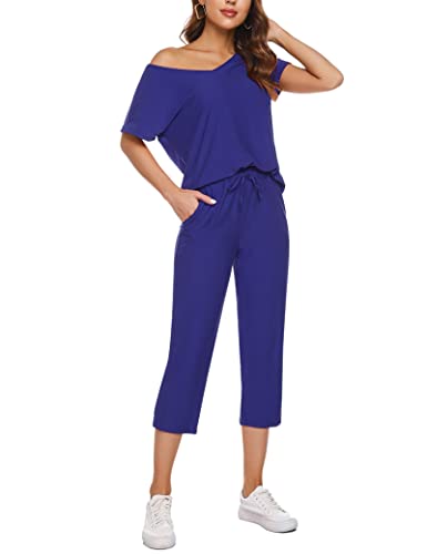 Totatuit Damen Trainingsanzüge Set mit Kurze ärmel Tops und 3/4 Hose Schulterfreier Elastischer Bund Dehnbarer Zweiteiliges Outfit Loungewear Saphir L von Totatuit