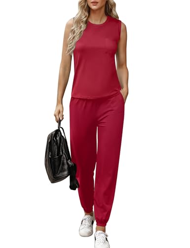 Totatuit Damen Tracksuit Rundhalsausschnitt Einfarbig Zweiteiler Hausanzug Loungewear Outfit Jogger Trainingsanzug Set Rotwein XXL von Totatuit