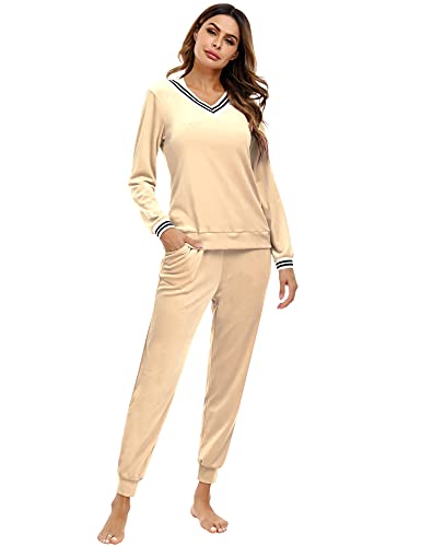 Totatuit Damen Velours Pyjama Set Nicki Hausanzug Winter Schlafanzug V-Ausschnitt Freizeitanzug Zweiteilig mit Tasche Aprikose M von Totatuit