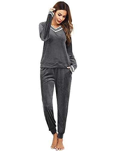 Totatuit Damen Velours Pyjama Set Nicki Hausanzug Winter Schlafanzug V-Ausschnitt Freizeitanzug Zweiteilig mit Tasche von Totatuit