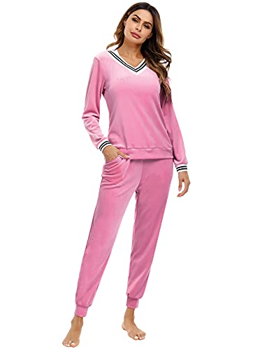 Totatuit Fleece Schlafanzug Damen Lang Frottee Schlafanzug Damen Winter V-Ausschnitt Pyjama Damen Flauschig von Totatuit