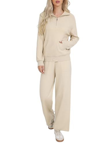 Totatuit Damen Weich Hausanzug Jogginganzug Set Lang Sport Hosenanzug Trainingsanzug Elegant Freizeitanzug halbem Reißverschluss Tracksuits Aprikose Small von Totatuit