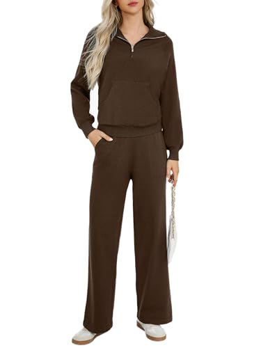 Totatuit Damen Weich Hausanzug Jogginganzug Set Lang Sport Hosenanzug Trainingsanzug Elegant Freizeitanzug halbem Reißverschluss Tracksuits Kaffee Medium von Totatuit
