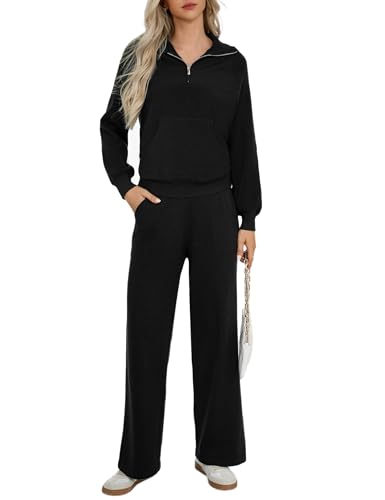Totatuit Damen Weich Hausanzug Jogginganzug Set Lang Sport Hosenanzug Trainingsanzug Elegant Freizeitanzug halbem Reißverschluss Tracksuits Schwarz X-Large von Totatuit