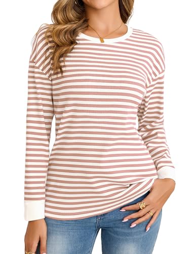 Totatuit Gestreifter Pullover Damen Langarmshirt Herbst Rundhals Baumwolle Dünn Elegant Oberteile Mode Hellrosa XXL von Totatuit