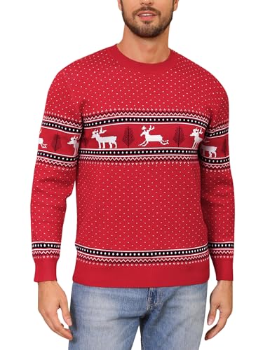 Totatuit Herren Strickpulli mit Reindeer Unisex Weichnachtspulli Baumwolle Weihnachten Pullover Schneeflocke Christmas Sweater mit Rundhalsausschnitt Rot-Herren XXL von Totatuit