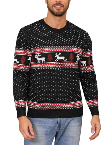 Totatuit Herren Strickpulli mit Reindeer Unisex Weichnachtspulli Baumwolle Weihnachten Pullover Schneeflocke Christmas Sweater mit Rundhalsausschnitt Schwarz-Herren L von Totatuit