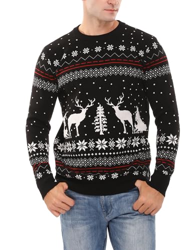 Totatuit Herren Weihnachtspullover Ugly Langarm Strickpulli mit Rentiermuster Rundhals Pullover Weihnachtsbaum Winterpulli Christmas Sweater Schwarz-Herren-1 XXL von Totatuit