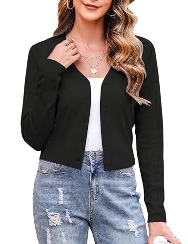 Totatuit Kurz Strickjacke Damen Bolero Elegant mit Knöpfen Schulterjacke Langarm für Party Brautjungfer Kleid Frühling Sommer Cardigan Schwarz S von Totatuit