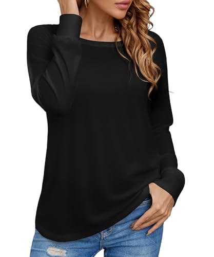 Totatuit Langarmshirt Damen Basic Longsleeve Rundhals Lockeres Tshirt Damen Langarm Oberteile für Büro Freizeit und Alltag Schwarz L von Totatuit