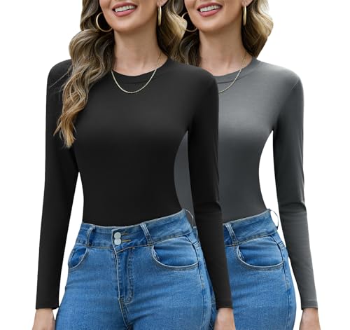 Totatuit 2er Pack Langarmshirt Damen Baumwolle Slim Fit Oberteile Basic Langarm Shirts Casual Rundhals Dünn T-Shirt Stretch Tops von Totatuit