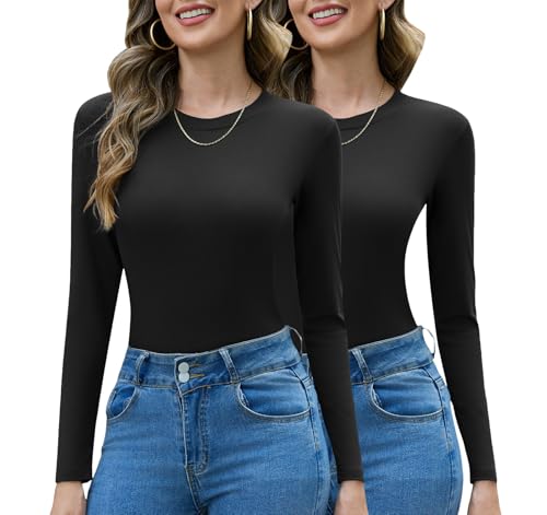 Totatuit 2er Pack Langarmshirt Damen Baumwolle Slim Fit Oberteile Basic Langarm Shirts Casual Rundhals Unterziehshirt T-Shirt Stretch Tops von Totatuit