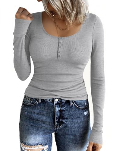 Totatuit Langarmshirt Damen Langarm Basic Oberteile Longsleeve Baumwolle Gerippt Pullover Rundhals Ausschnitt T-Shirt Tops Grau XL von Totatuit