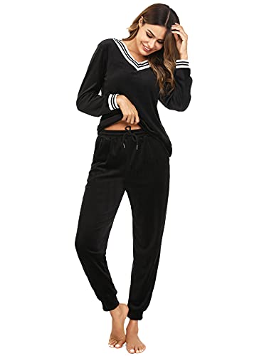 Totatuit Nicki Hausanzug Damen Velours Traingingsanzug Zweiteiler Flauschig Jogginganzug für Herbst Winter Sporthose mit Tasche 625-Schwarz XXL von Totatuit