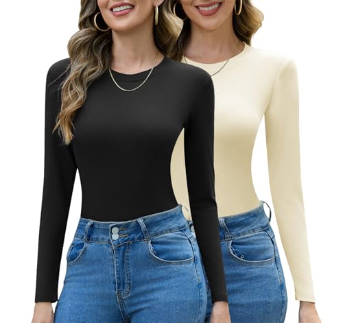 Totatuit 2er Pack Langarmshirt Damen Baumwolle Slim Fit Oberteile Basic Langarm Shirts Casual Rundhals Unterziehshirt T-Shirt Stretch Tops von Totatuit