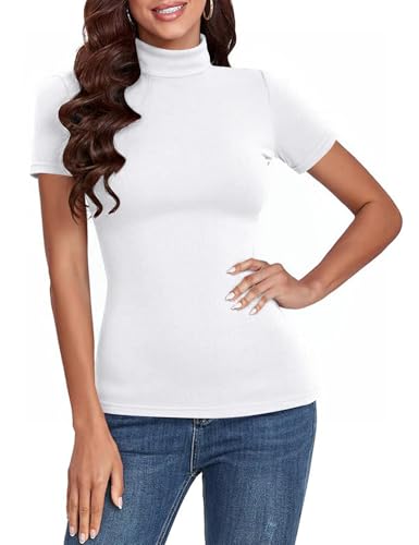 Totatuit Rippshirt Damen Kurzarm Turtleneck Shirt Stehkragen Pulli Unterziehshirt Rollkragen für Frühling Herbst Baumwolle Oberteile Weiß XL von Totatuit