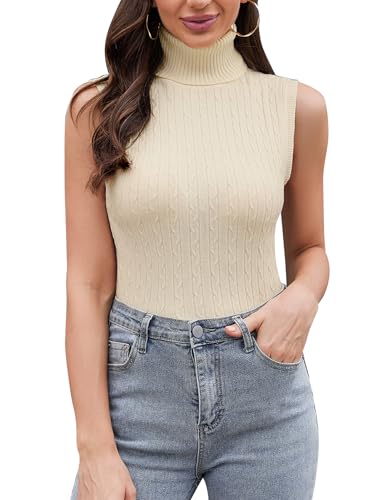 Totatuit Rollkragenshirt Damen Hemd mit Boden, Ärmellos Warmes Fleece Rolli Oberteil Turtleneck Unterziehshirt Stretch Rollkragenpullover für Winter und Herbst Beige L von Totatuit