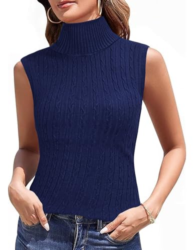 Totatuit Rollkragenshirt Damen Hemd mit Boden, Ärmellos Warmes Fleece Rolli Oberteil Turtleneck Unterziehshirt Stretch Rollkragenpullover für Winter und Herbst Marineblau XXL von Totatuit
