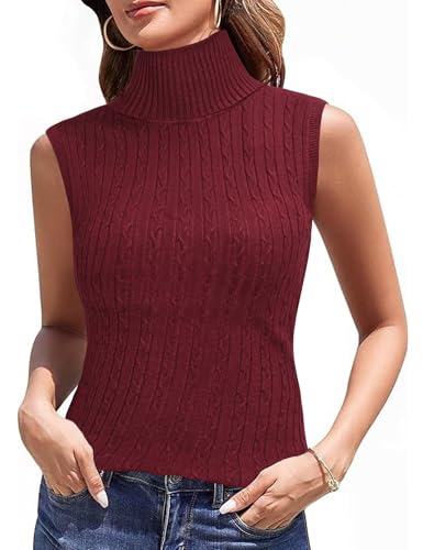 Totatuit Rollkragenshirt Damen Hemd mit Boden, Ärmellos Warmes Fleece Rolli Oberteil Turtleneck Unterziehshirt Stretch Rollkragenpullover für Winter und Herbst Rotwein XL von Totatuit