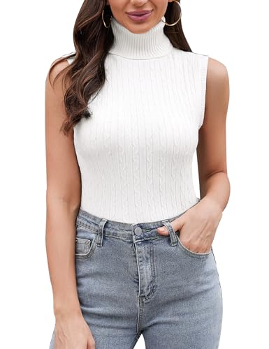 Totatuit Rollkragenshirt Damen Hemd mit Boden, Ärmellos Warmes Fleece Rolli Oberteil Turtleneck Unterziehshirt Stretch Rollkragenpullover für Winter und Herbst Weiß XXL von Totatuit