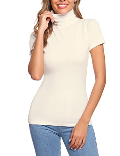 Totatuit Rollkragenshirt Damen T-Shirt Kurzarm Rollkragenpullover Basic Stehkragen Top Stretch Rollishirt für Freizeit Creme S von Totatuit