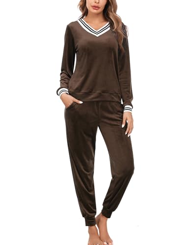 Totatuit Schlafanzug Damen Lang Pyjama Fleece Nachtwäsche Winter Schlafanzüge mit Bündchen von Totatuit
