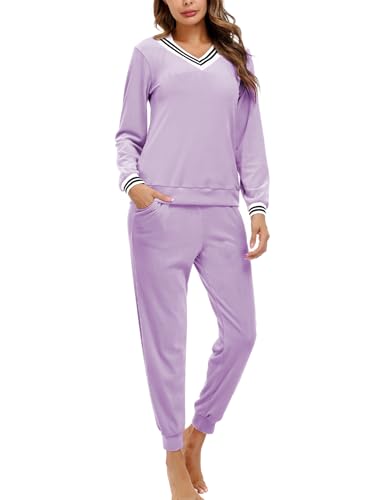 Totatuit Schlafanzug Damen Lang Pyjama Fleece Nachtwäsche Winter Schlafanzüge mit Bündchen von Totatuit