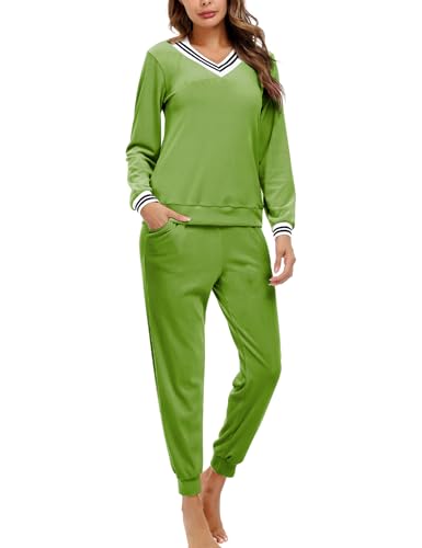Totatuit Schlafanzug Damen Lang Pyjama Fleece Nachtwäsche Winter Schlafanzüge mit Bündchen von Totatuit