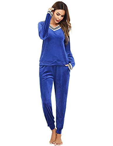 Totatuit Schlafanzug Damen Lang V-Ausschnitt Flauschig Warm Winter Fleece Pyjama Damen Hausanzug Kuschelig von Totatuit