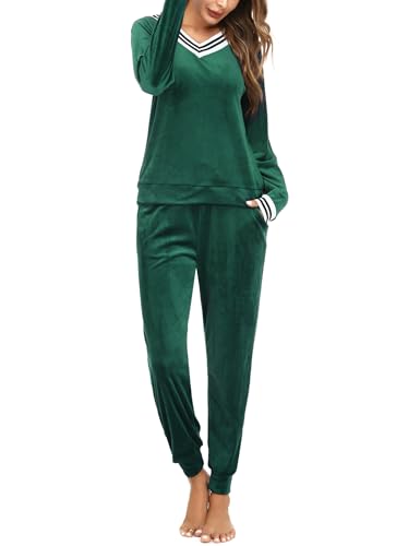 Totatuit Schlafanzug Damen Lang V-Ausschnitt Flauschig Warm Winter Fleece Pyjama Damen Hausanzug Kuschelig von Totatuit