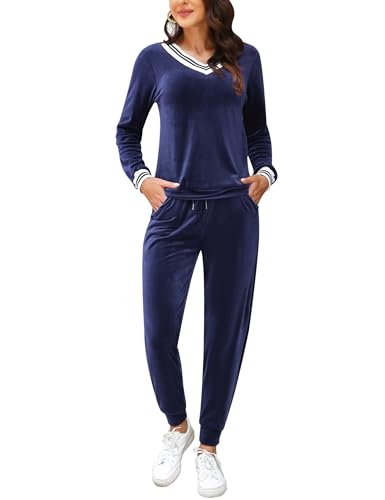 Totatuit Schlafanzug Damen Lang Zweiteiler Samt Pyjama Set Loungewear Freizeitanzug Herbst Winter Jogginganzug Hausanzug Warm Velour Langarm Oberteile mit Hose von Totatuit