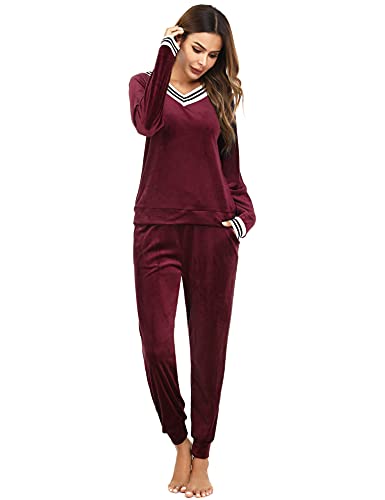 Totatuit Schlafanzug Damen Lang Zweiteiler Samt Pyjama Set Loungewear Freizeitanzug Herbst Winter Jogginganzug Hausanzug Warm Velour Langarm Oberteile mit Hose von Totatuit