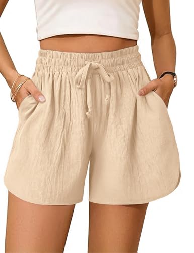 Totatuit Shorts Damen Sporthose Sommer Kordelzug Stretch Weite Hose mit 2 Taschen für Strand Freizeit Baumwolle Leinen Loose Fit Bequem Hotpants Beige M von Totatuit