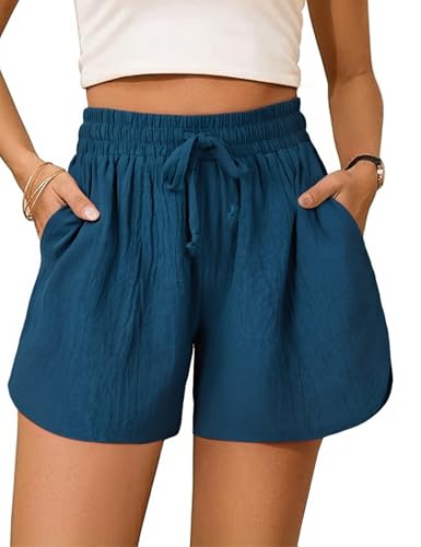 Totatuit Shorts Damen Sporthose Kurz Baumwolle Jogginghose Sommer Locker Sportshorts High Waist Sport Hosen Drawstring mit Taschen für Fitness Running Gym Blau S von Totatuit