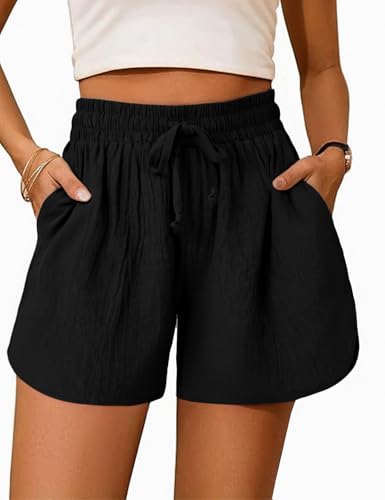 Totatuit Damen Shorts Sporthose Kurze Hosen Sommer Strandshorts Baumwolle Hotpants Sweatpants Drawstring mit Taschen Schwarz L von Totatuit